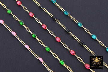 14 K Gold Filled Enamel Beaded Paperclip Chains, By The Foot, Pink, Blue Turquoise, Black, Pink, Fuchsia Satellite Chains